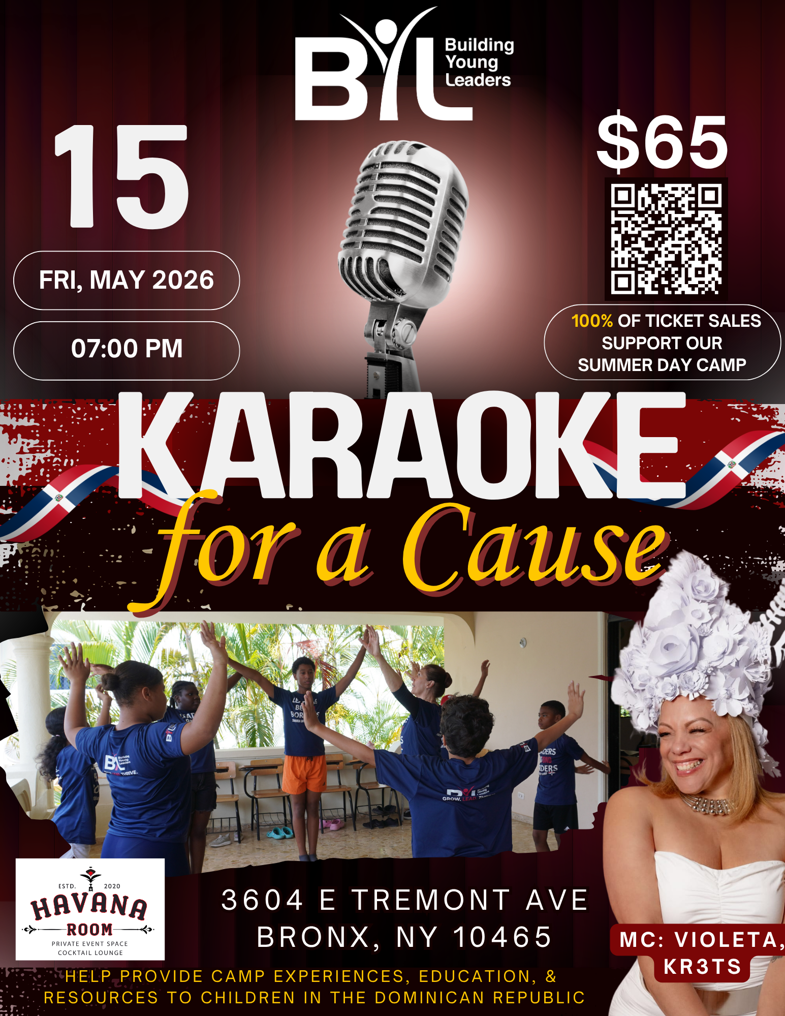 Karaoke for a Cause fundraiser event flyer, Friday May 15 2026 at Havana Room in the Bronx, hosted by Building Young Leaders