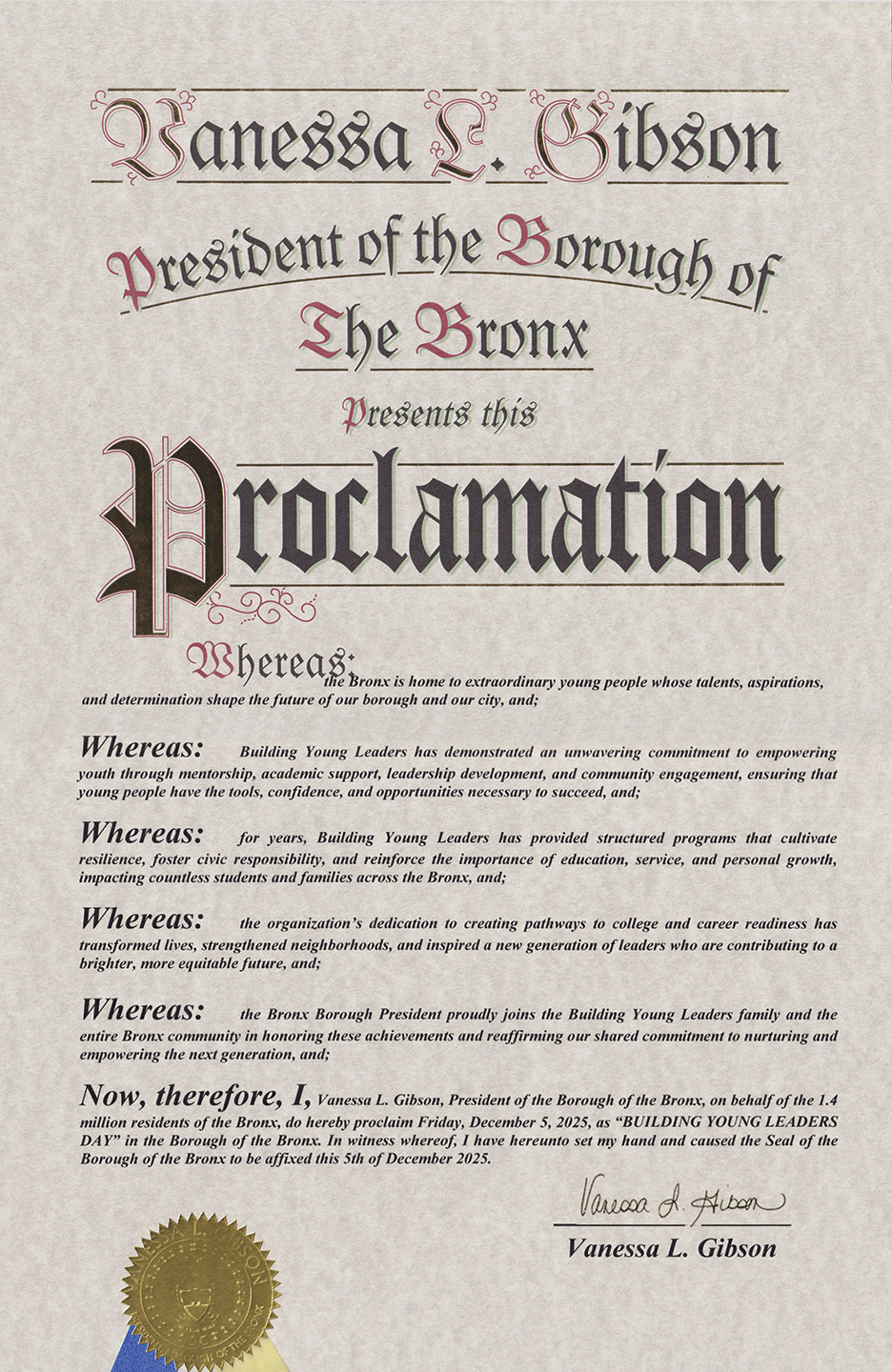 BYL Day proclamation certificate signed by Bronx Borough President Vanessa Gibson