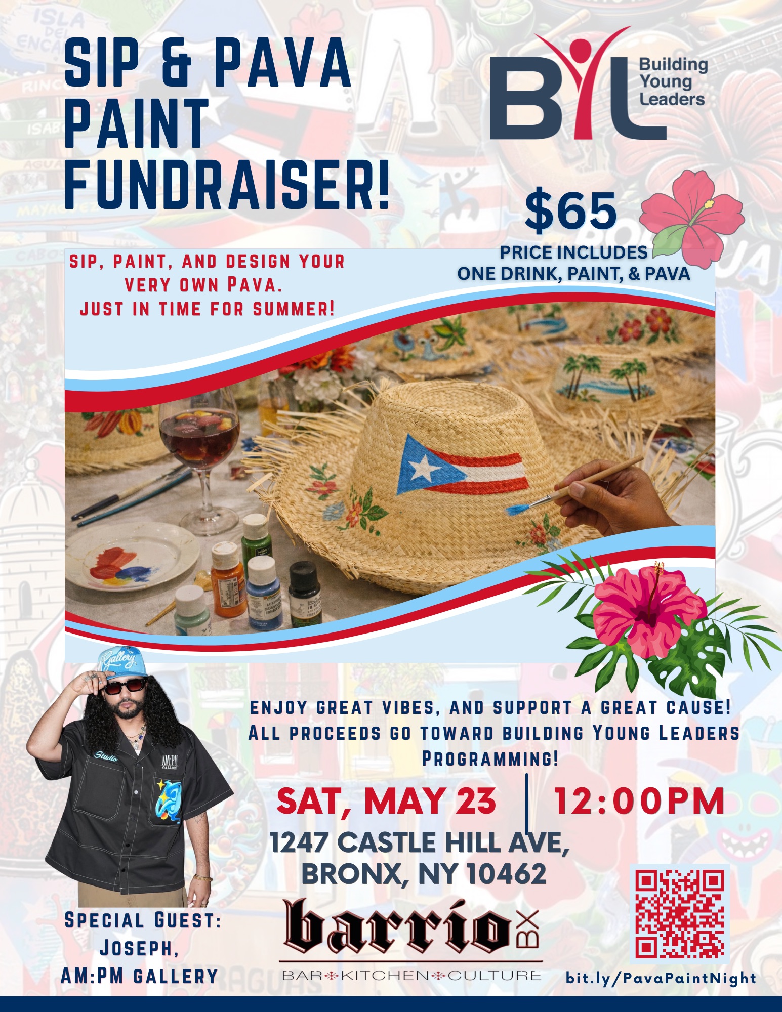 Sip and Pava Paint fundraiser flyer, Saturday May 23 at Barrio Bronx, hosted by Building Young Leaders